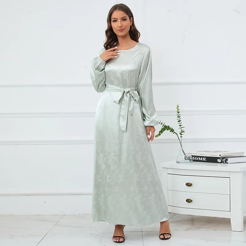 New Elegant Lantern Sleeve Dress Solid Color Jacquard Fabric Crew Neck Maxi Dress Muslim