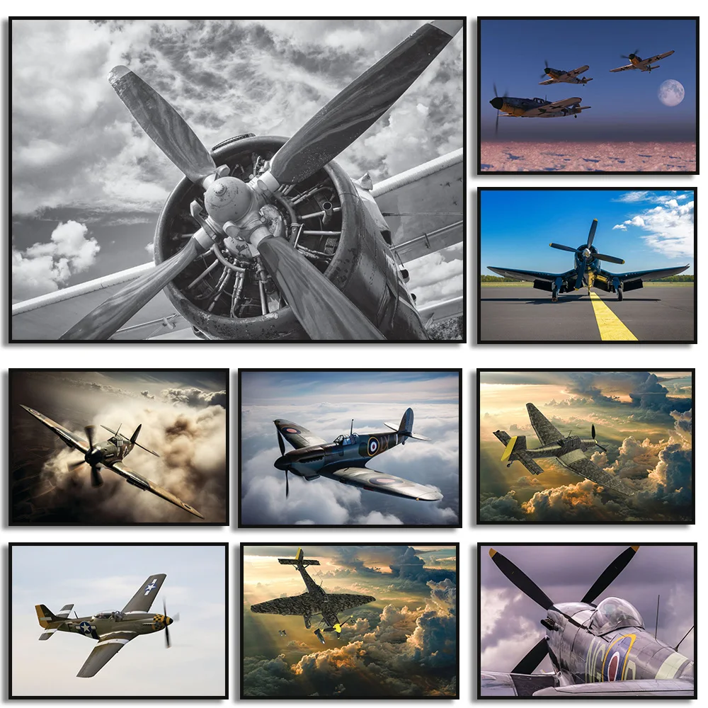 Vintage Aircraft Propeller Poster Wall Art Modern Aviation Combat Aircraft Painting Airplane Painting for Living Room Home Decor