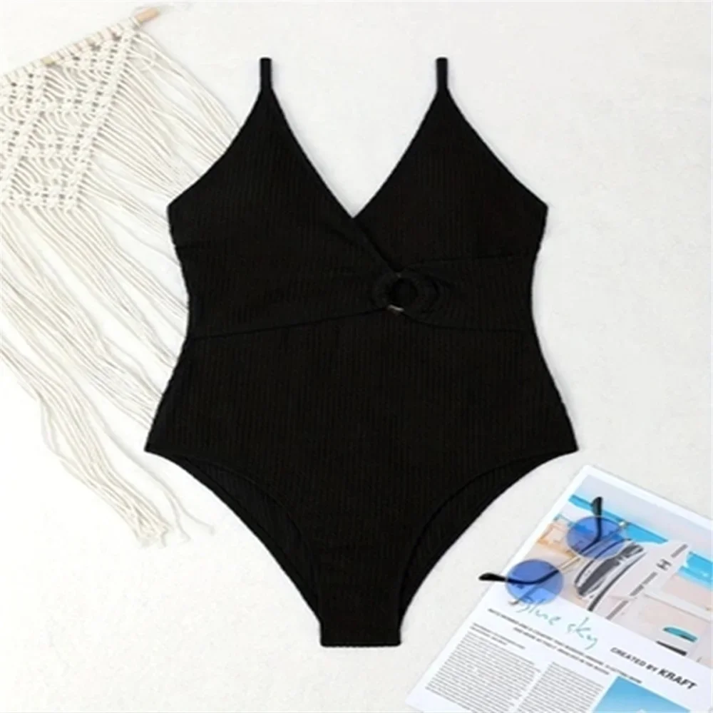 

Black Bikini Rings Cross V Neck Sling Swimsuit Ribbed Monokini Vacation Swimwear Push Up Bikinis Bathing Suit Women Beach Outfit