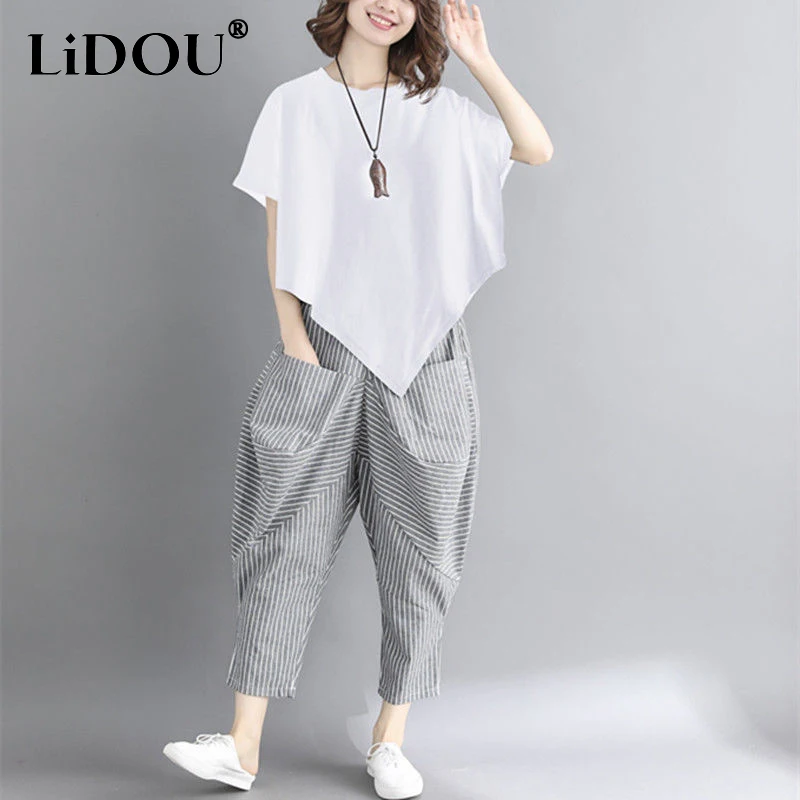 Korean Elegant Fashion Solid Color Short Sleeve T-Shirts Sets Women Elastic Waist Striped Irregular Cotton Hemp Haren Pant Suits