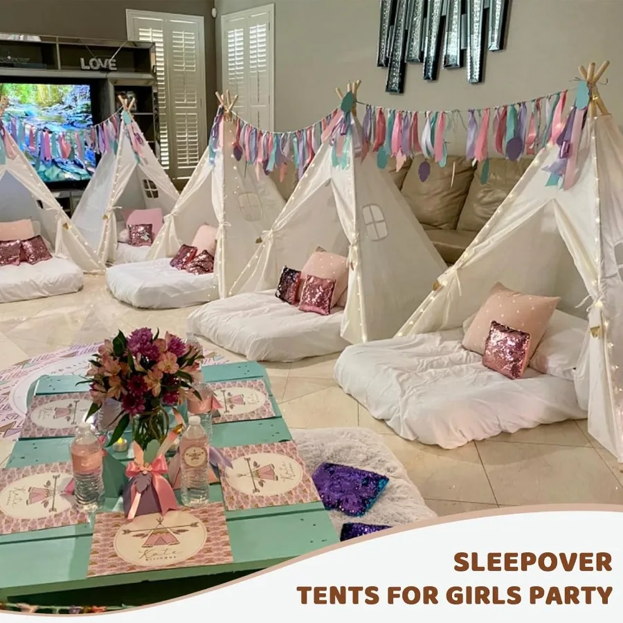 Barraca tipi de lona natural para crianças, 4 pacotes, barracas tipi para festa de meninas com barraca de brincar lavável interna, inclui transporte