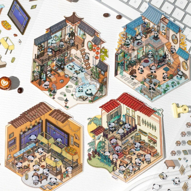Twilight Chinese Panda House Scene Sticker Set 2 Designs Layered Diorama Panda House Stickers for Craft