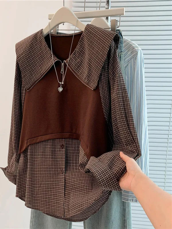 Faion دمية طوق منقوشة الربط طويل Sve irt المرأة فضفاضة حجم كبير التخسيس وهمية قطعتين أعلى الخريف 2025 البحرية Sle