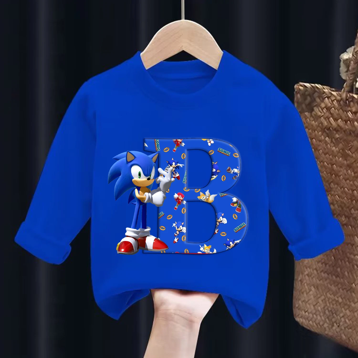 Sonic Long Sleeve for Children Cartoon Letter A-Z Clothing Anime Blue Casual Caftan Fashion Kids Clothes Round Neck Blouse Gift