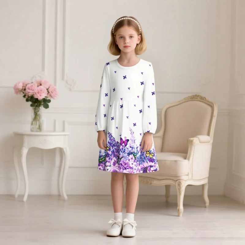 

2025 Girls, Cute Princess Party Children, Floral Purple Butterfly Print Long Sleeve Dress