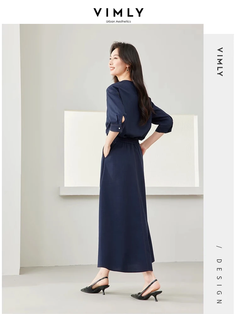 Vimly Two Piece Sets for Women Spring Elegant Outfits 2024 Simple Fashion Navy Blouse Elastic Waist Maxi Skirt Sets Woman M6250