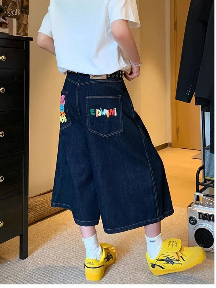 

Summer Cool Girl Wide Leg Colorful Letter Printing Denim Cropped Pants Women's Calf-length Jeans Female High Waist Capris Pants