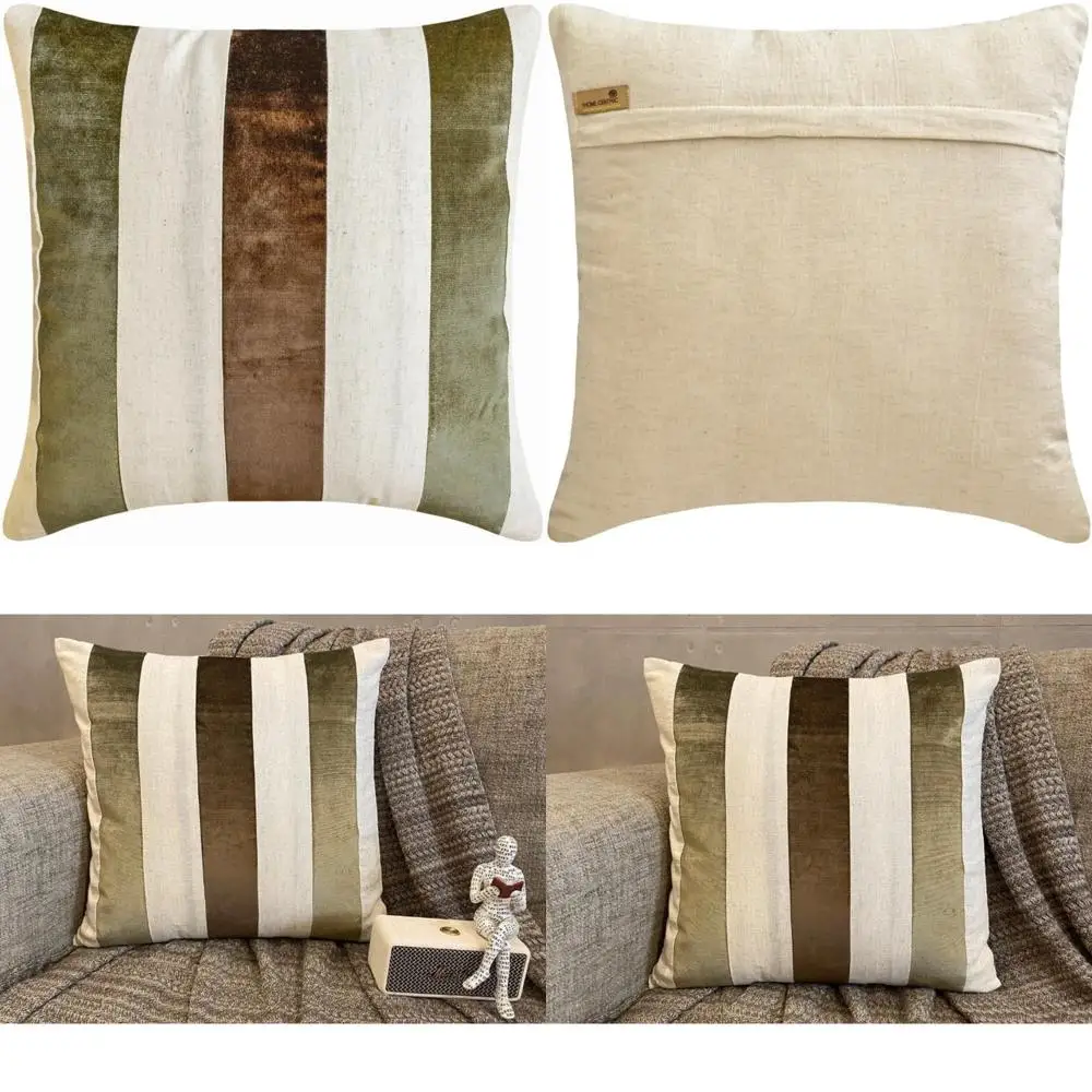 

Brown Velvet Striped Linen Pillowcases, 14x14 Inches, Set of 2, Patchwork Decorative Throw Pillow Covers