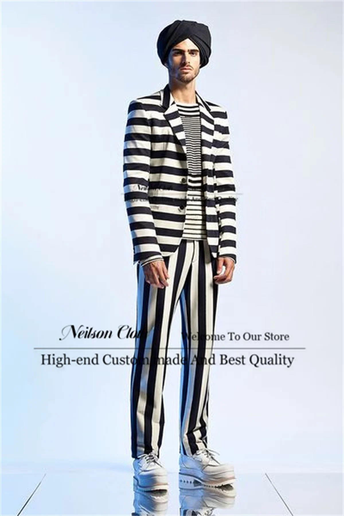 

Модные черно-белые полосатые мужские пиджаки для выпускного вечера Slim Fit, комплекты из 2 предметов, свадебные смокинги для жениха, индивидуальный костюм с зубчатыми лацканами Homme