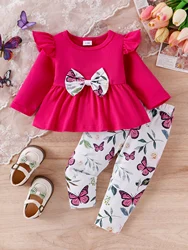 2PCS In autumn, comfortable sweet and lovely round-collar rose red top + butterfly printed pantsuit for girls aged 0-3