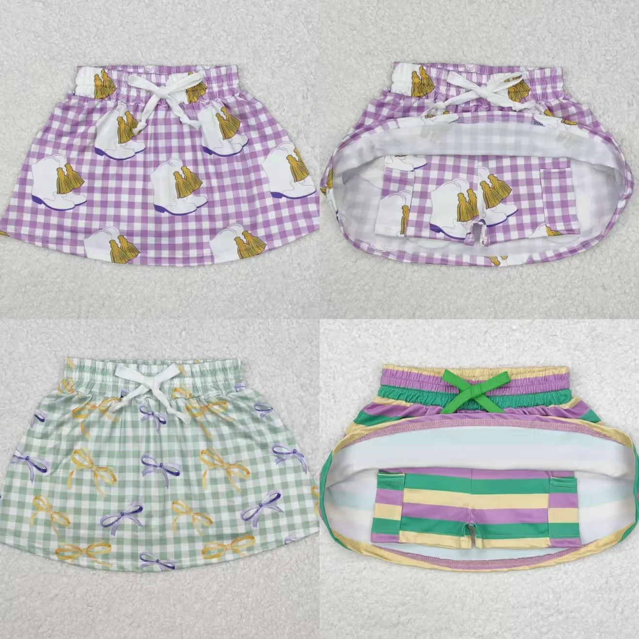 

New Mardi Gras Fashion Baby Girls Green Plaid Bow Pattern Culotte Dress Wholesale Boutqiue Children Clothes Party Skirt