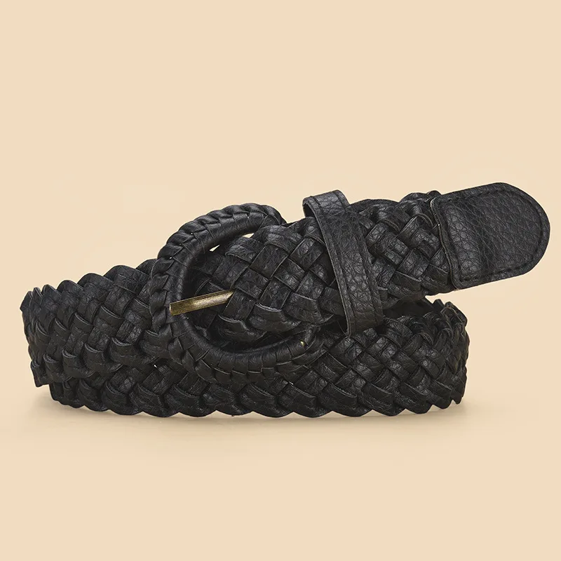 New Braided Leather Pin Buckle Waist Belt Rough Textured Braided Surface Elastic Leather Substance Oval Antique Buckle Housing