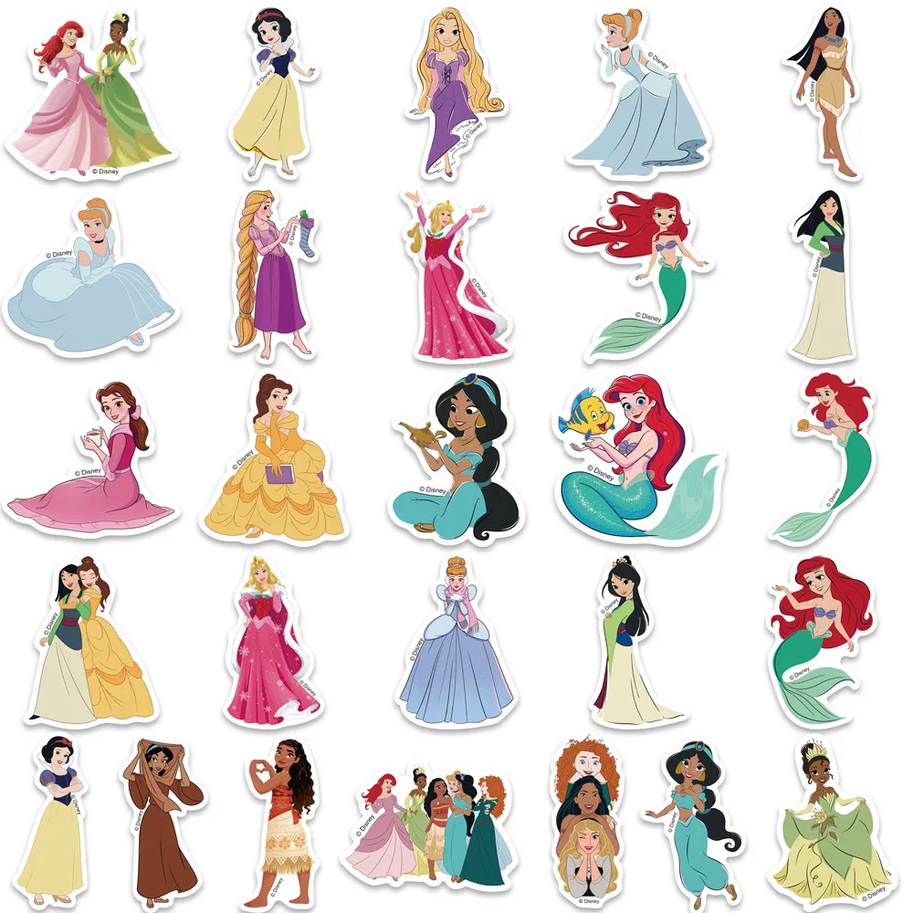 10/30/50pcs Disney Cute Cartoon Princess Anime Stickers Laptop Scrapbook Guitar Luggage Diary Phone Waterproof Sticker Kid Toy