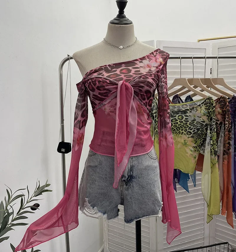 

Женская сексуальная сетчатая рубашка с леопардовым принтом, искусственная рубашка из двух предметов с длинными рукавами, шикарная облегающая рубашка с ремешками для горячих девушек, короткий топ Essential Streetwear8008