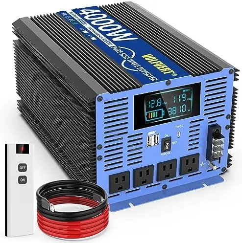 4000W Pure Sine Wave Power Inverters DC 12V to AC 110V 120V with Type-C 4 AC Outlets Dual USB Ports Terminal Blocks LCD Display