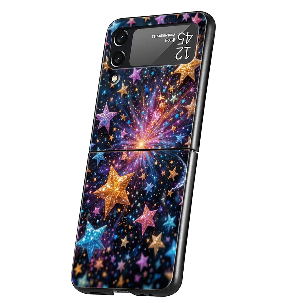 Hard PC Phone Case For Samsung Galaxy Z Flip 8 7 6 5 4 Black Cover For Galaxy Z Flip 3 Foldable Capas Colorful Stars Present Bag