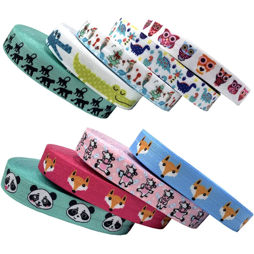 10Y 67 Animals Printed Fold Over Elastic Fox Cow Panda Bee Owl Elephant Hedgehog FOE Elastic Hair Band DIY Headwear Craft Ribbon