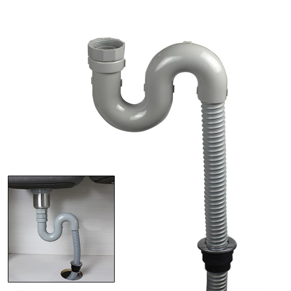Flexible Drain Hose for Washing Machine and Kitchen Outlet Made of Plastic with Integrated Gaskets and Steel Wire Support