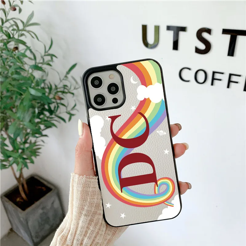 Rainbow Personalisad PU Leather Case for iphone 13 Pro Max 12 11 Pro Max X XS XR 7 8 Plus SE Covers Luxury Name Cutomized Covers