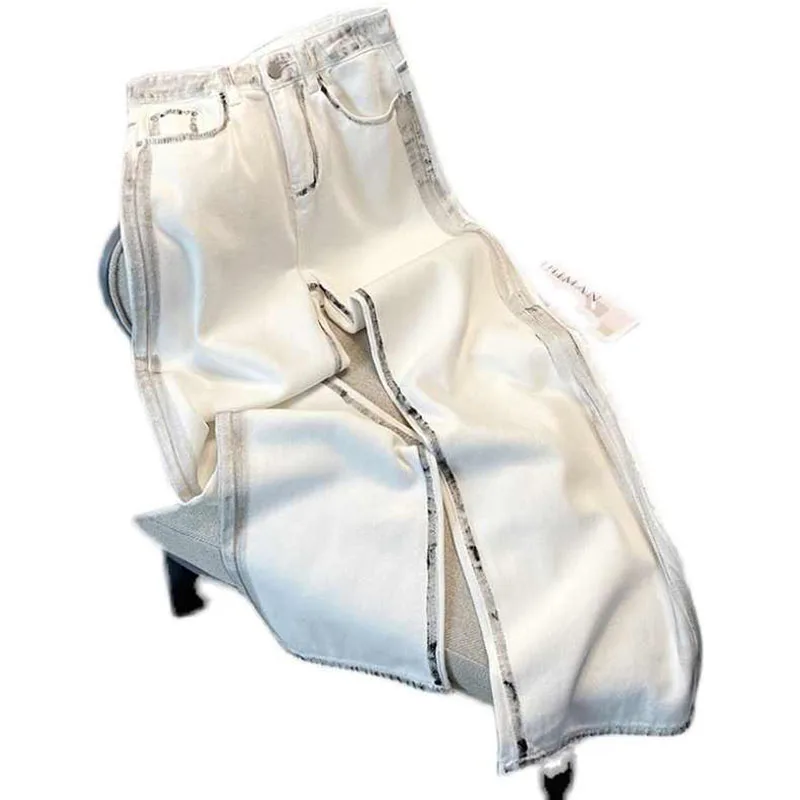 White Graffiti Straight High Waist Jeans Women\'s Summer Autumn New Loose Mom Wash Trouser Pockets Casual Wide Leg Denim Pants