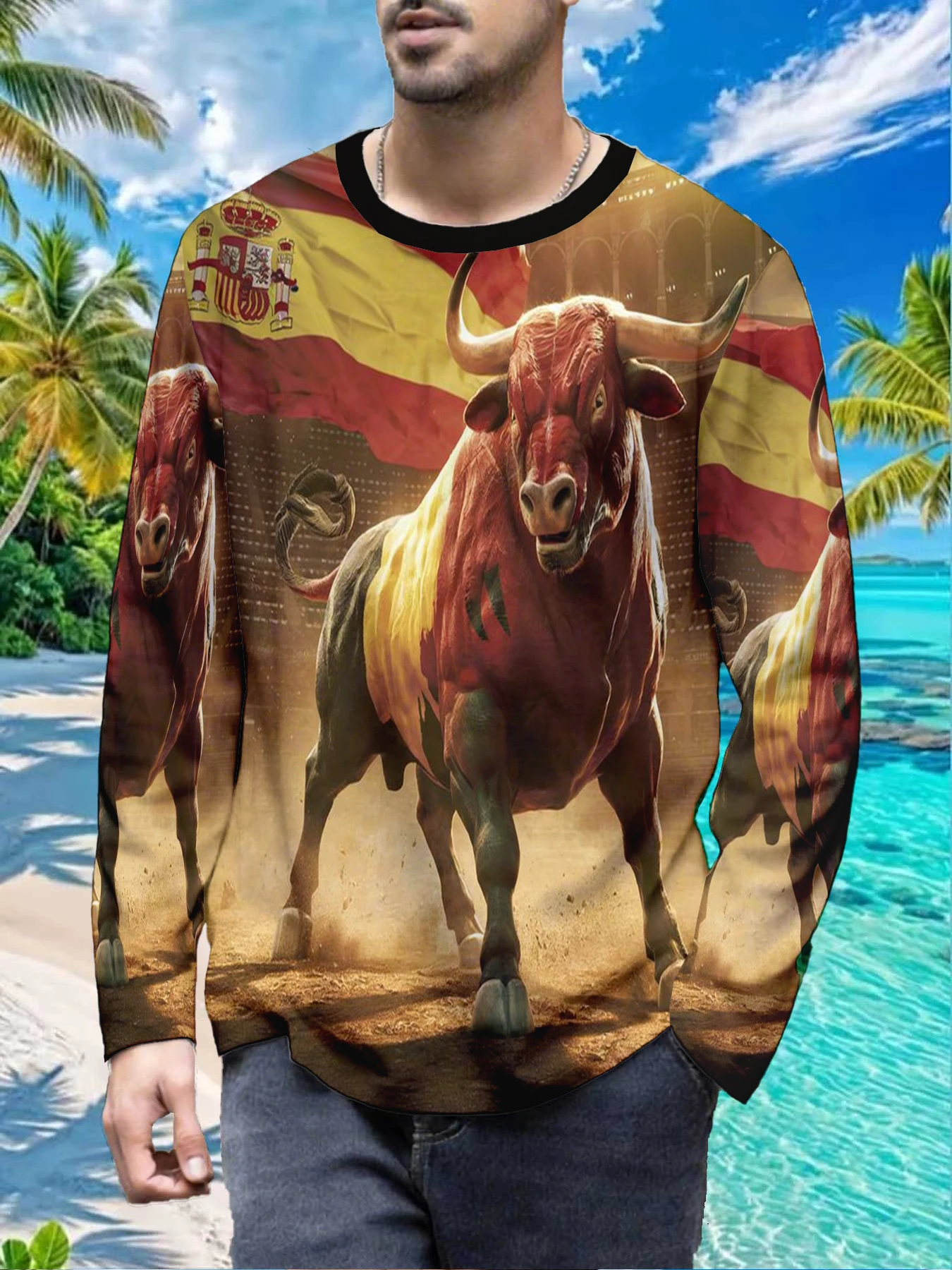 Spanish Style Bullfighting Bull Spain Flag Mens Polyester Long Sleeve T Shirt Spanish Bull Arena Print Graphic Tee Casual Street