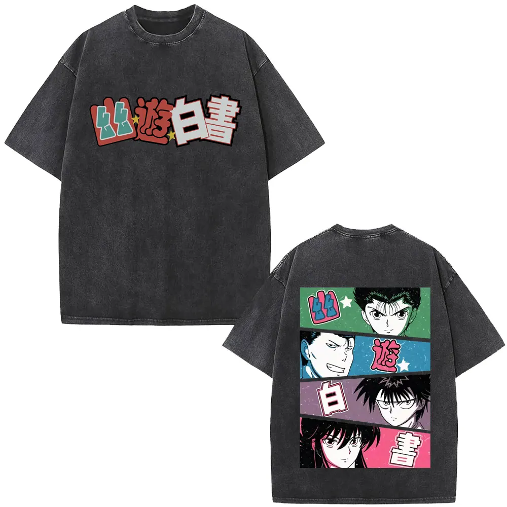 

Anime YuYu Hakusho Urameshi Yuusuke Washed Vintage T-shirt Men Women Cotton Casual Oversized Tee Shirt Men's Retro Streetwear