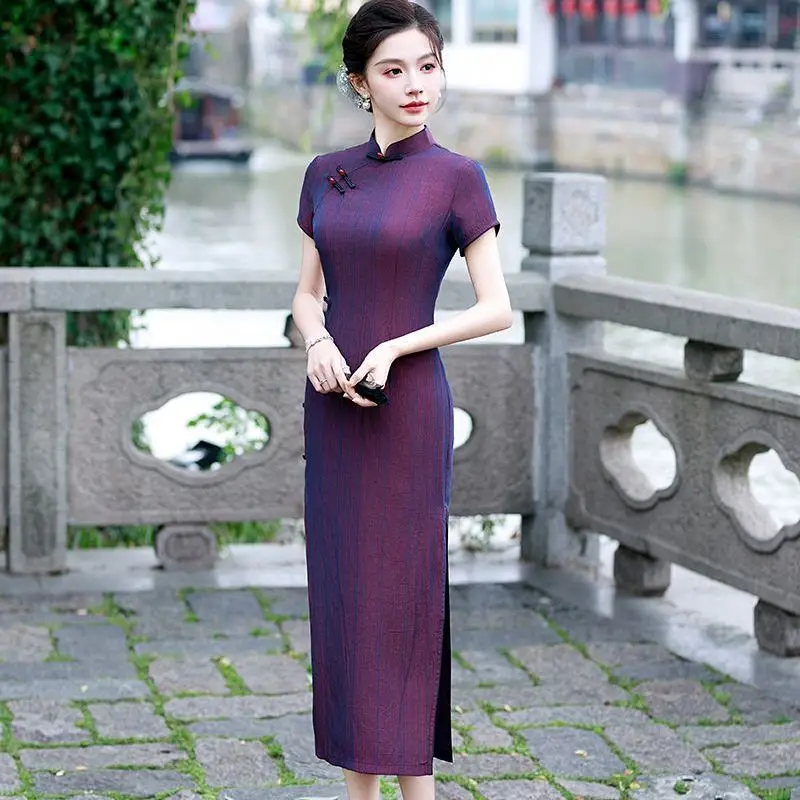 

Элегантное летнее фиолетовое платье-футляр из двойного шелкового крепа в полоску, с длинным рукавом, дышащее, для повседневной носки, в китайском стиле