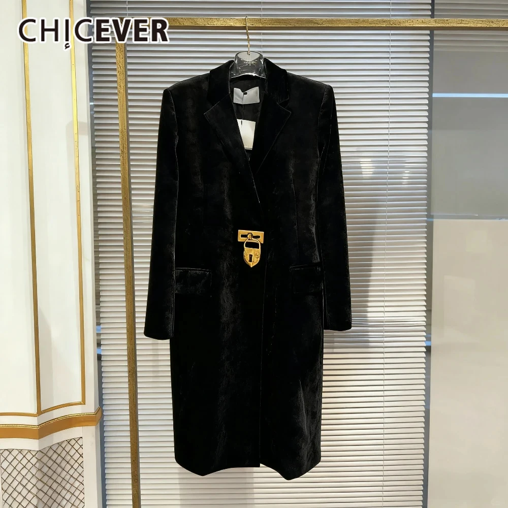 

CHICEVER черное винтажное лоскутное бандажное тонкое пальто для женщин с лацканами и длинными рукавами, бархатная куртка на пуговицах, женская модная новинка