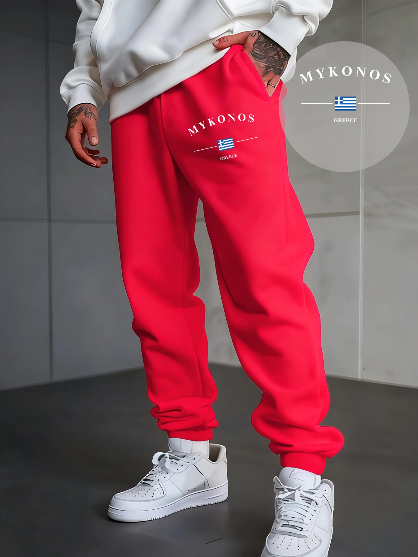

Mykonos Greece Letter And Flag Print Men Long Pants Fleece Drawstring Trousers Pocket Hip Hop Sweatpants Autumn Jogging Pant