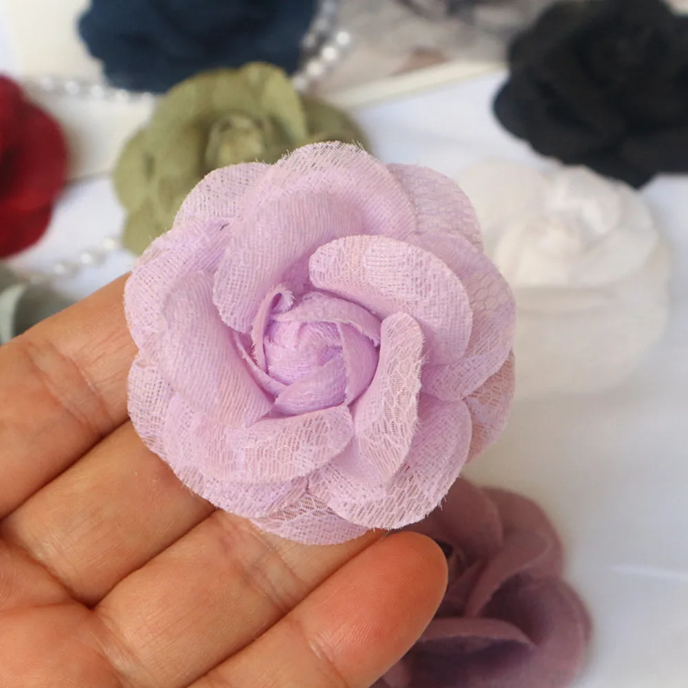 5PCS 5,5 CM Handgemachte Spitze Stoff Kamelie Rose Blume Kopfbedeckung Hut Kleid Kleidung Dekoration Haar Zubehör Brosche DIY material – Detail 12