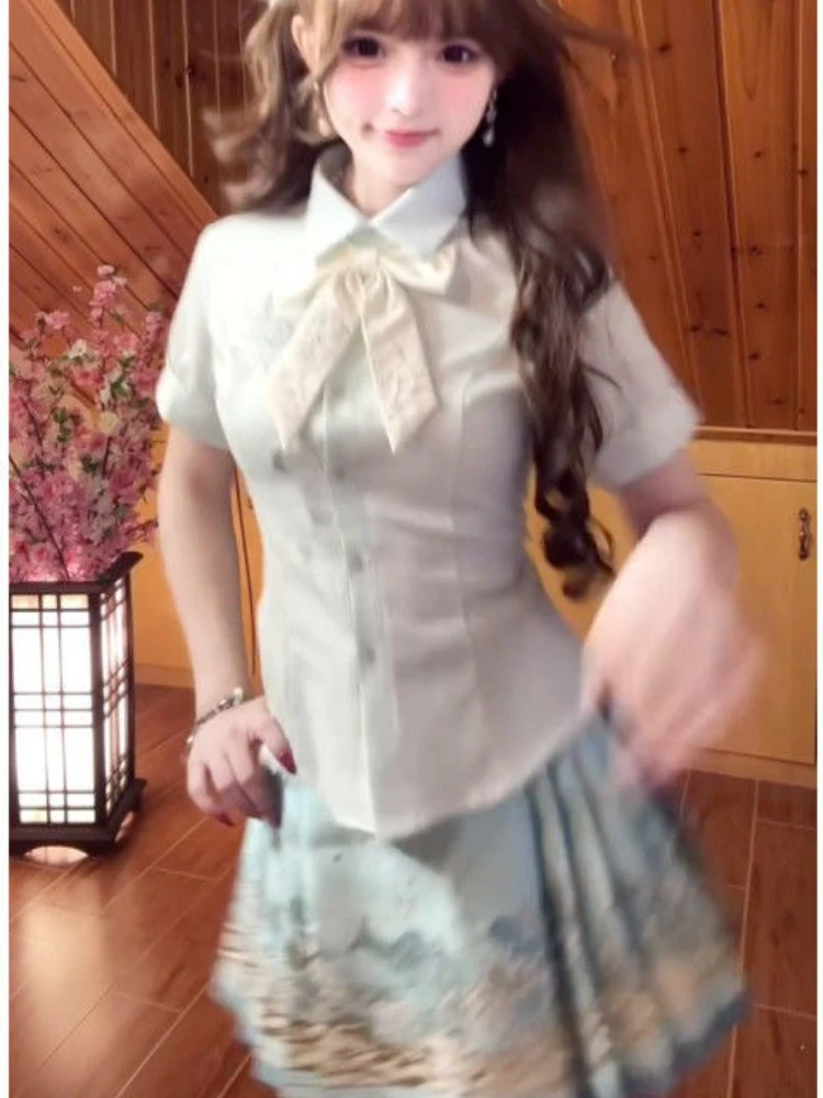 

Летний винтажный элегантный корейский модный женский костюм с вышивкой и бантом, шикарные топы + плиссированная мини-юбка, женская тонкая одежда в стиле ретро