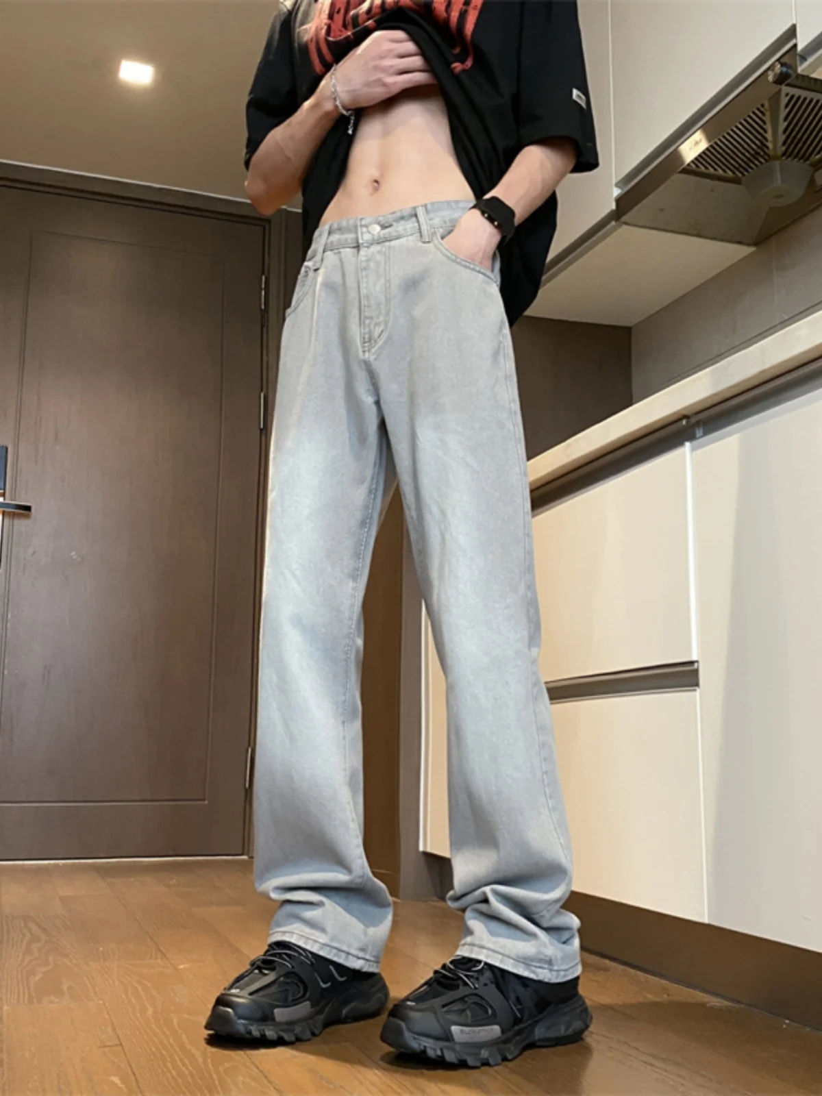 

Slim Fit Straight Leg Jeans Men's Summer American High Street ing ey Flared Knee-Length Casual Trousers Trendy Brand