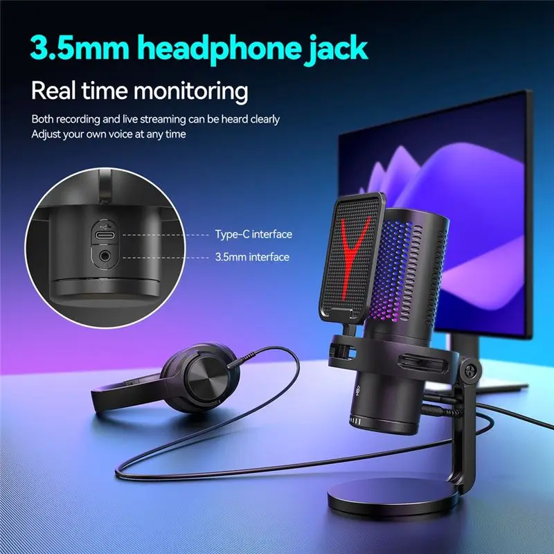 AA60 Professional Condenser Gaming Microphone RGB USB Wired Mic for PC Laptop Computer Podcast Gamer Karaoke