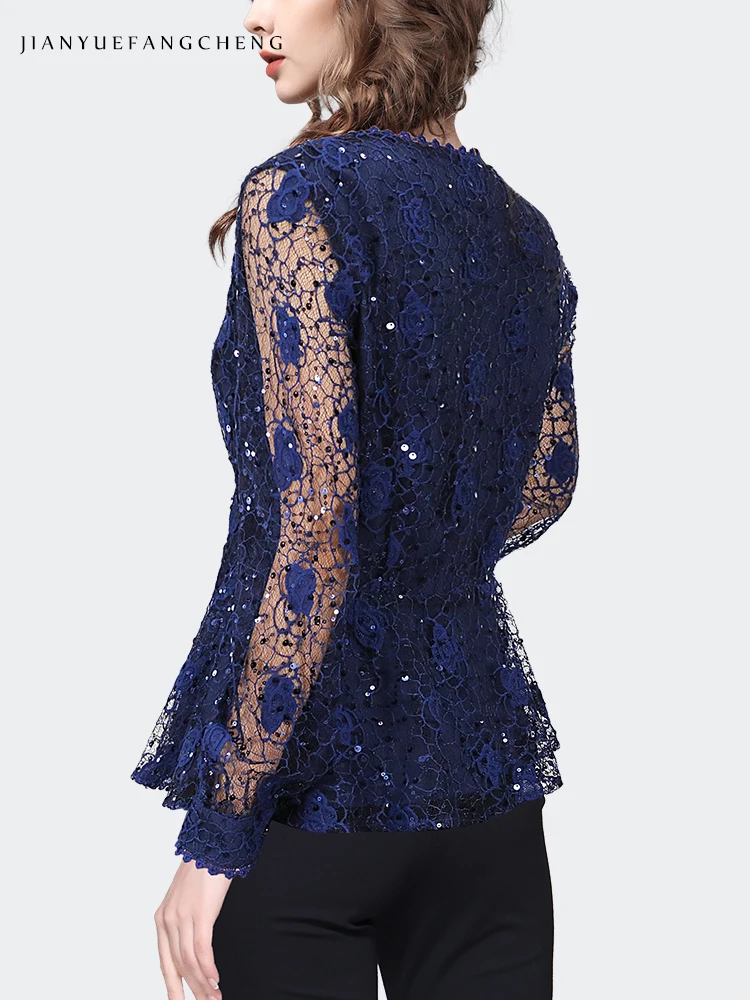 100% Nylon Womens Long Sleeve Square Neck Hollow Out Sequined Blue Lace Blouse 2024 Spring Summer Ladies Fashion Shirts Tops