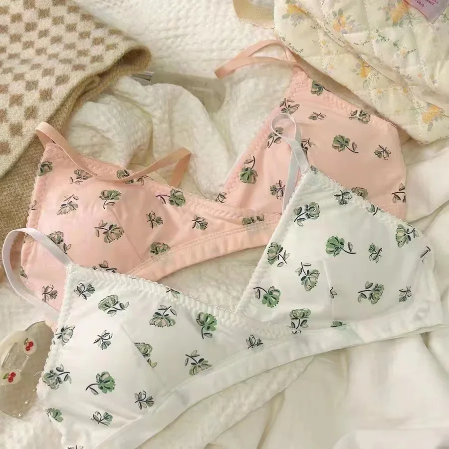SP&CITY Japan Style Jednoczęściowy bezszwowy biustonosz damski Student Kwiatowy nadruk Trójkątny kubek Bralette Mała klatka piersiowa Wygodne biustonosze