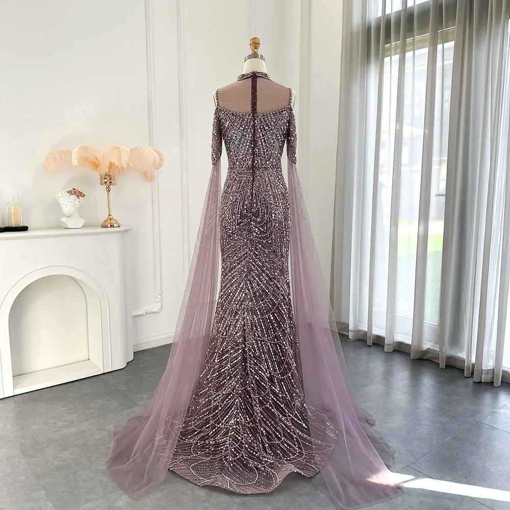 Customized Green Mermaid Luxury Dubai Evening Dress With Cape Sleeves Elegant Women Purple Wedding Formal Party Gown Formal Fash