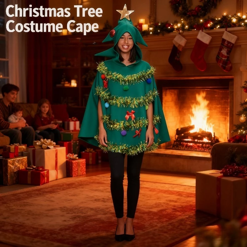 2025 Nueva falda de árbol de Navidad para mujer, capa con capucha, disfraz de actuación