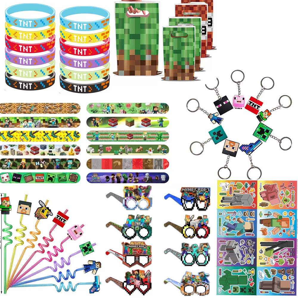 Articles de fête d'anniversaire sur le thème Mineur : Masques autocollants, porte-clés pour sacs de fête d'anniversaire d'enfants, remplisseurs de sacs cadeaux