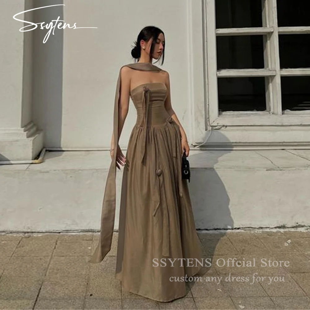 Modern Silk Brown Evening Gowns Sleeveless Long A Line Prom Dresses with Scarf Strapless Elegant Invited Wedding Evening Dress