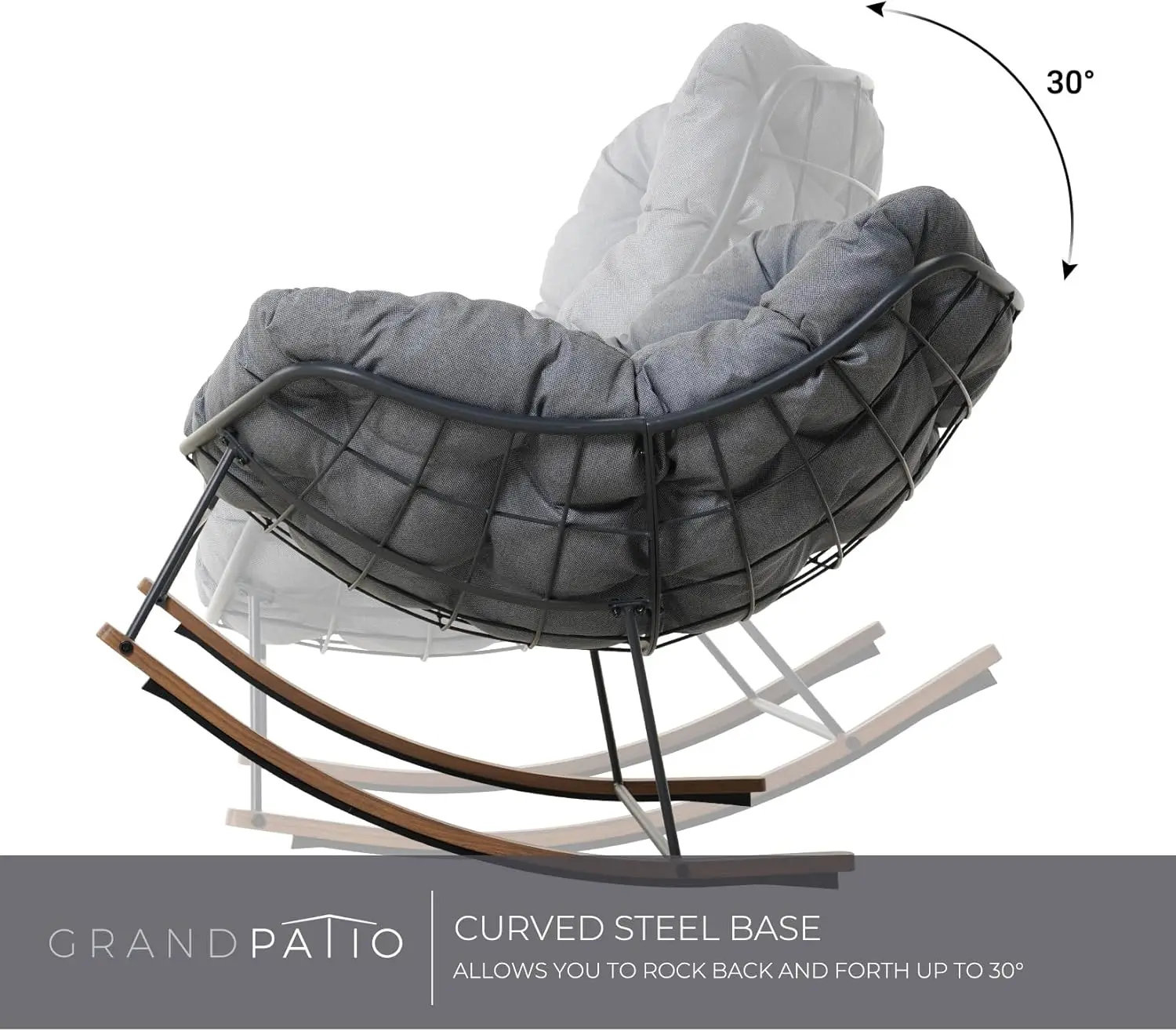 كرسي هزاز باباسان مطلي بالطلي الإلكتروني مع وسادة، كرسي خارجي كبير الحجم لحديقة الشرفة في الفناء، رمادي