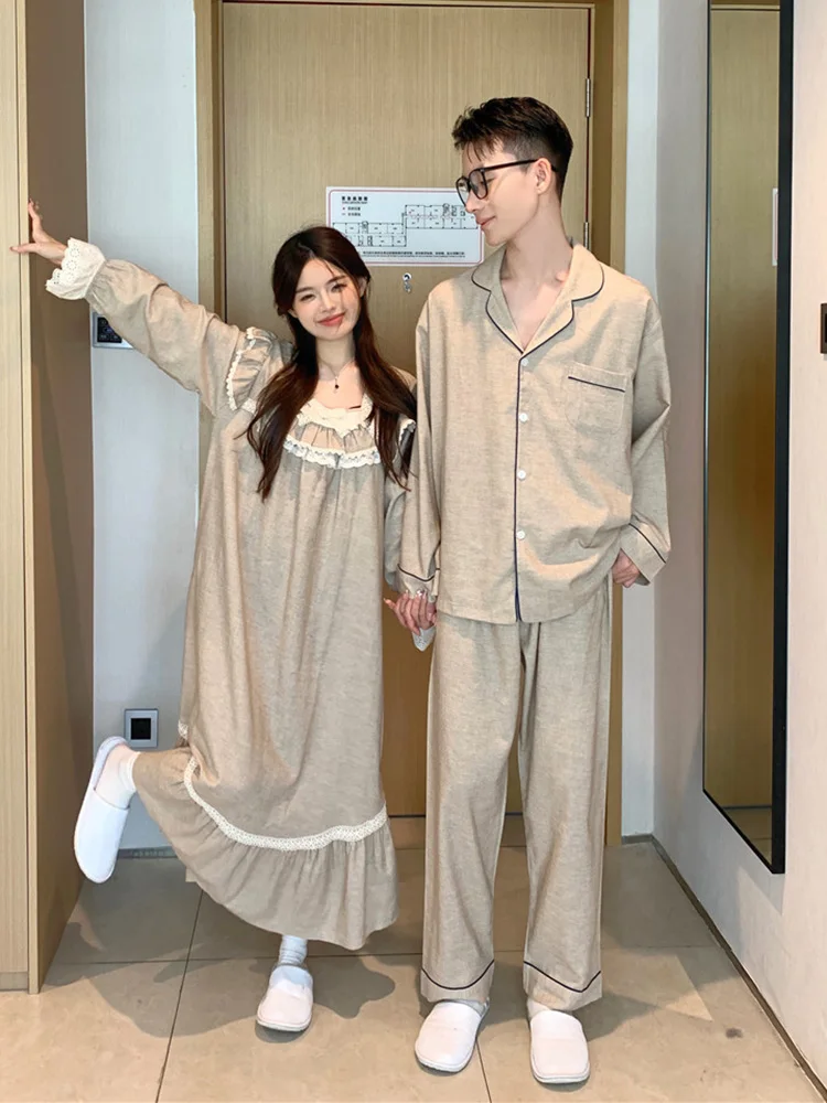 Lovers Lace New Home Winter Solid Cotton Loose Long Sleeve Pajama Set Women Sweet Simple Korean Couple NightDress Elegant Casual