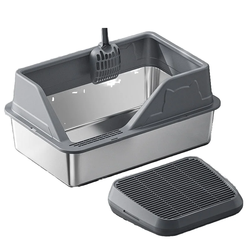

STLF JW Extra Large Cat Basin Stainless Steel Plastic Open High Fence with Anti-Splash Feature Oversized Cat Toilet Pet S