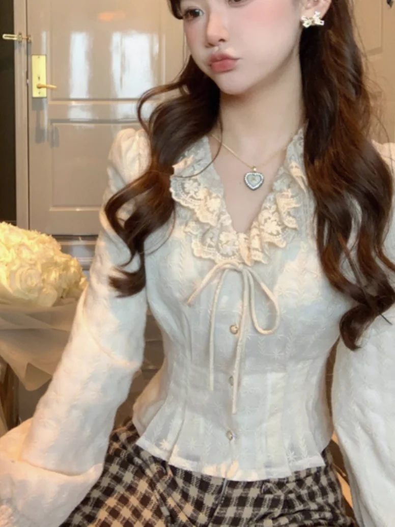 

Рубашки с длинным рукавом, женские хлопковые рубашки с рюшами, облегающие, для отдыха, минималистичные, женские, романтические, для отдыха, весны, повседневного образа, удобные