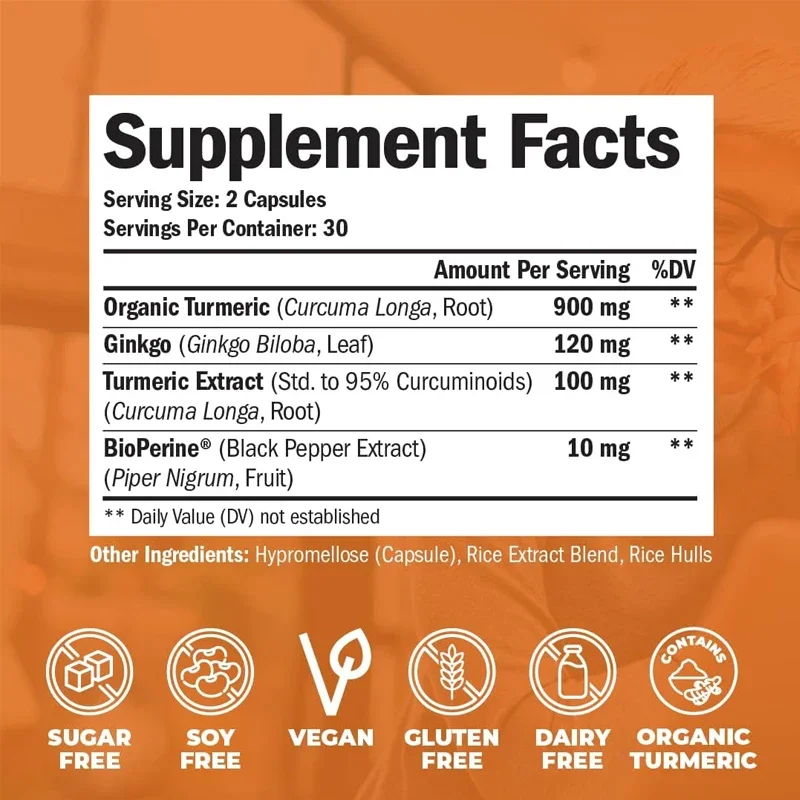 Organic Turmeric Curcumin Supplement with Ginkgo Biloba Leaf And Piperin Black Pepper 60 Capsules per Bottle for Natural Health