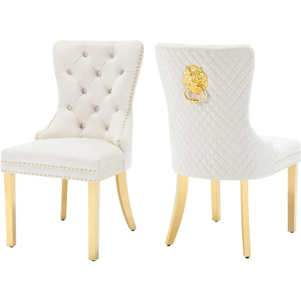 Dining Room Chairs Set of 2,Tufted Upholstered Back Lion Pull Ring, Elegant Rhomboid Pattern Nail Head Trim, Armless Chairs