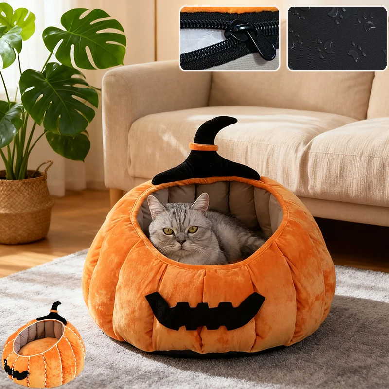 

2026 Halloween Pumpkin Cat Bed Warm Comfortable Pet Cave Kennel Removable Washable Pet House for Small Medium Cat Dog Cama Perro