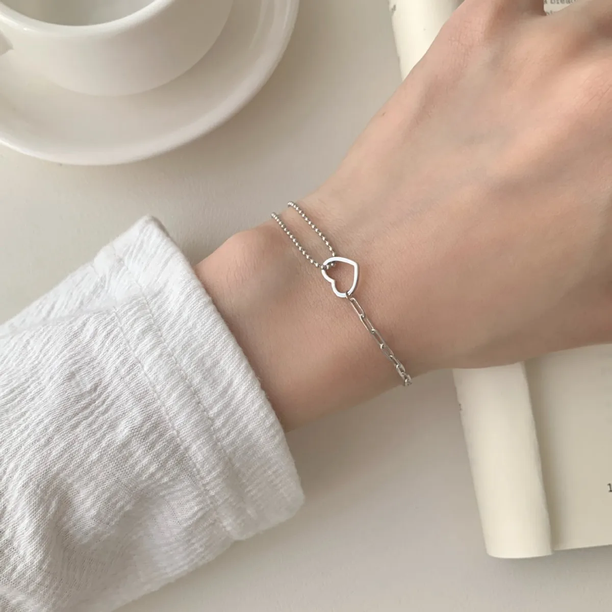 

925 Sterling Silver Double-Layer Heart Ladies Bracelet Korean Charms Bracelets For Women Party Vintage Jewelry Accessories