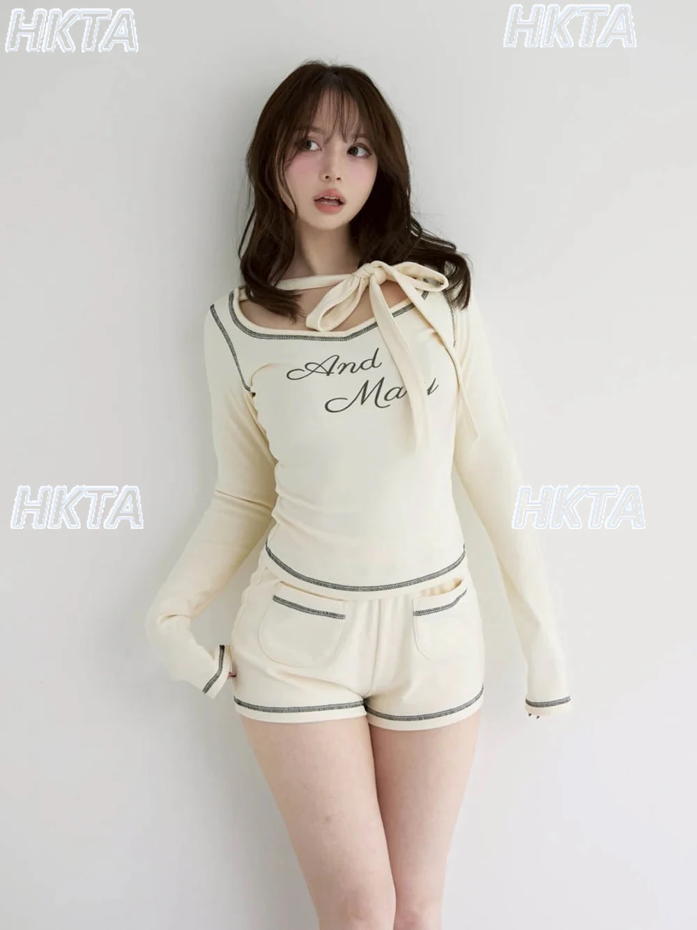 

Japanese Sweet Casual Alphabet Embroidery Slim Fitting Long Sleeved V Neck T Shirts Women Summer Hot Girl Black Mini Shorts Sets