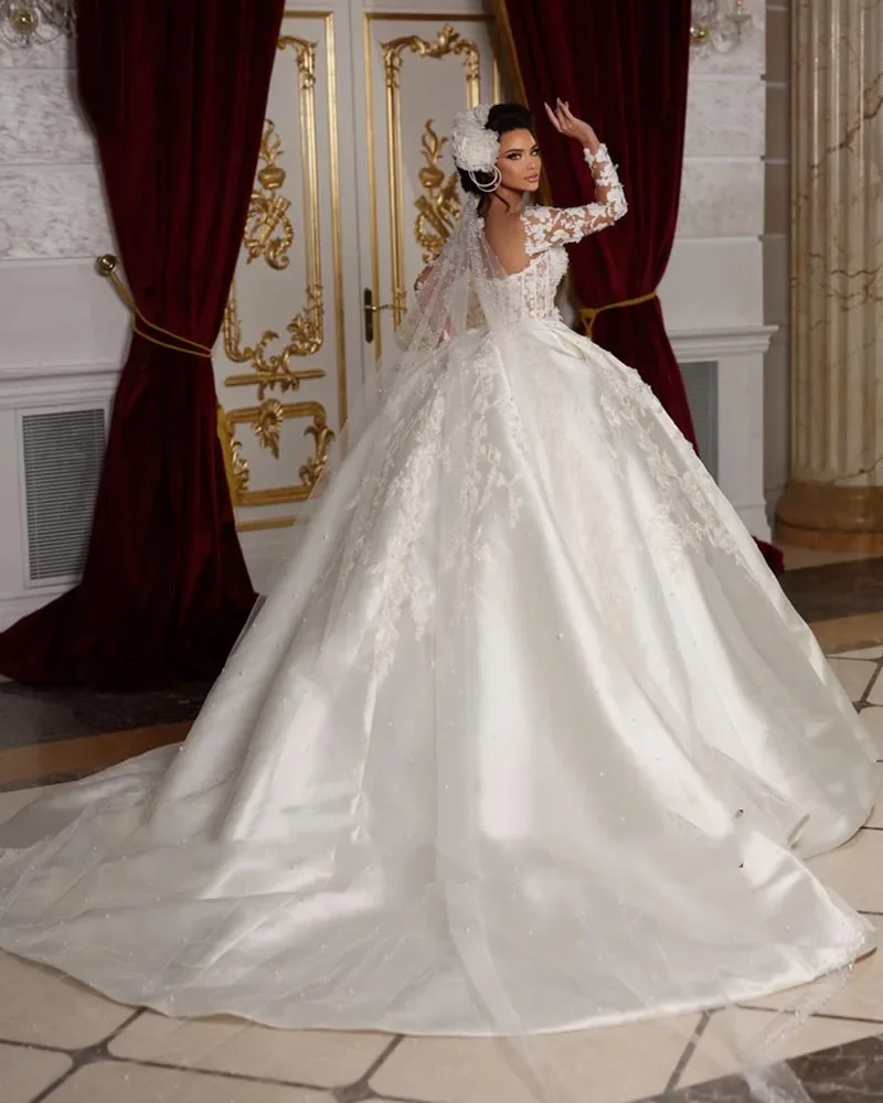 Flavinke Customized New Arrivals Long Sleeve Zipper Up Back Beading Satin Ball Gown Wedding Dresses Vestido De Noiva Casamento