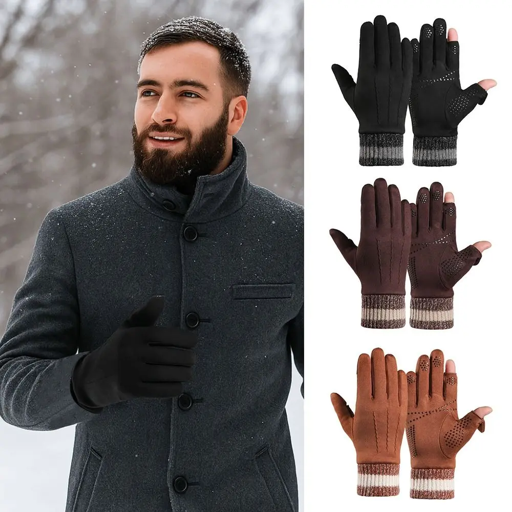 

Warm Touchable Screen Winter Gloves Full Finger Flip Finger Driving Mittens Fleece Lined Thickened Riding Gloves Men